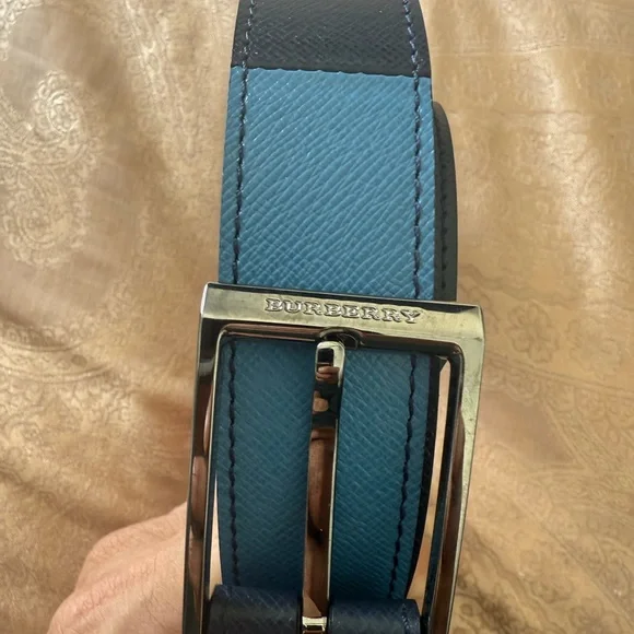 Burberry Black and Blue Leather Belt with Silver Buckle